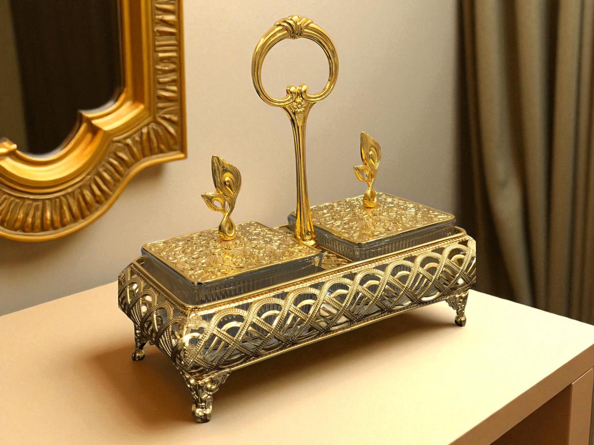 Luxury Gold 2-in-1 Partition Tray with Handle – Decorative Serving Masterpiece