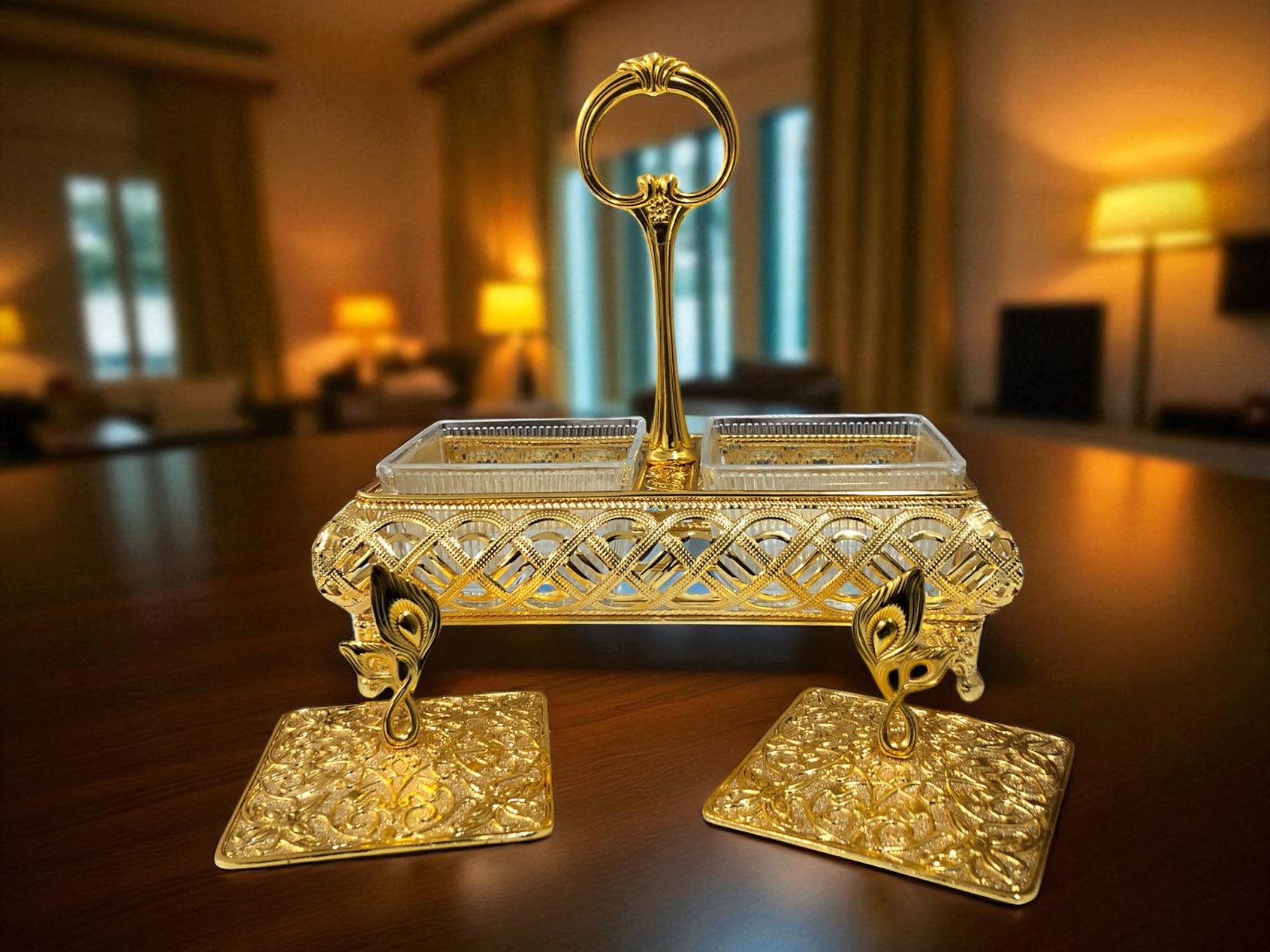 Luxury Gold 2-in-1 Partition Tray with Handle – Decorative Serving Masterpiece