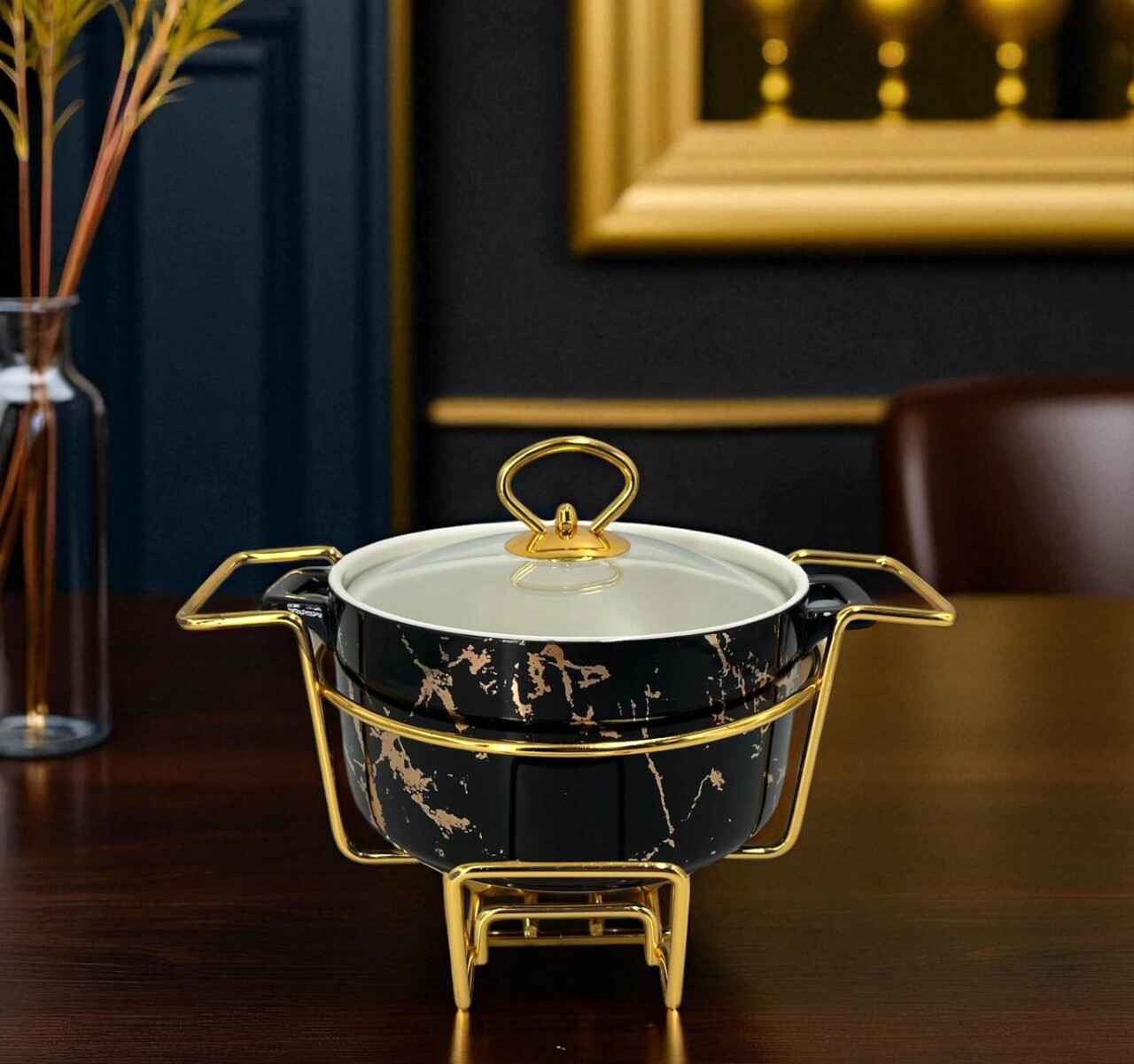 Premium Round Casserole Serving Dish (9.25") with Handles & Metal Stand – Black Textured