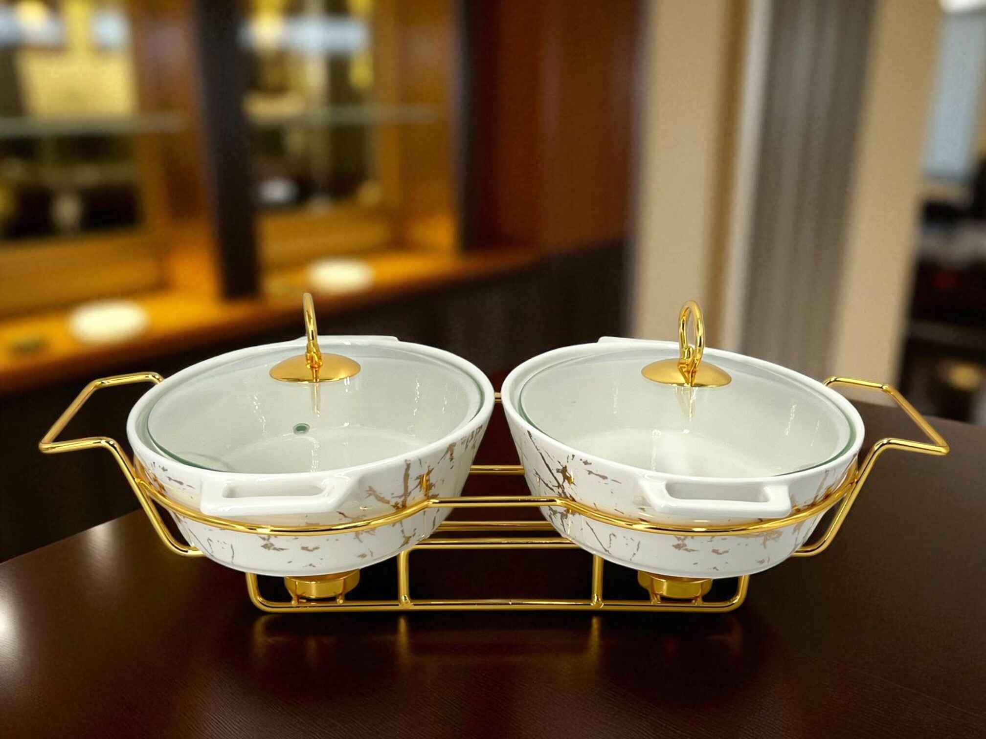 Elegant Twin Oval Chafing Dishes (11" each) with handles & Metal Stand – White Marble Buffet Set