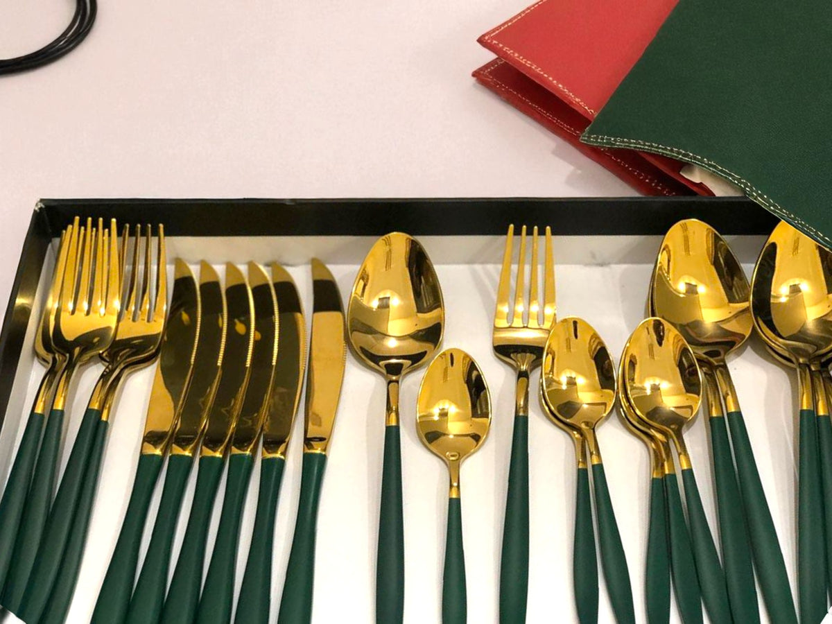 Premium Imported AYD 24 pieces Cutlery Set (Green & Golden) - Serves 6 persons