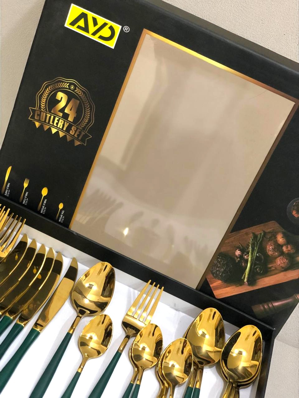 Premium Imported AYD 24 pieces Cutlery Set (Green & Golden) - Serves 6 persons