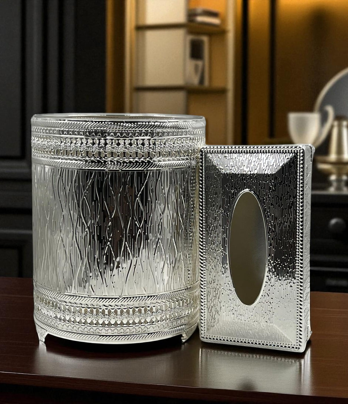 Regal Luxury Silver Tissue Box & Bin Set with Beautiful Detailing