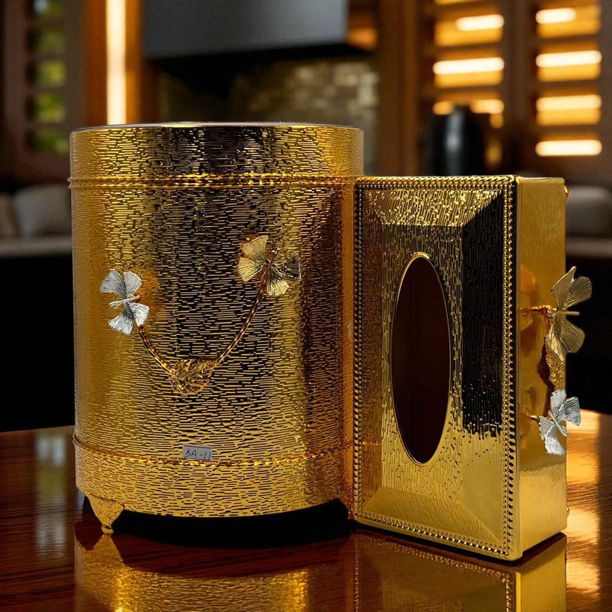 Luxury Textured Tissue Box & Bin Set with Butterfly Accents – Golden Finish