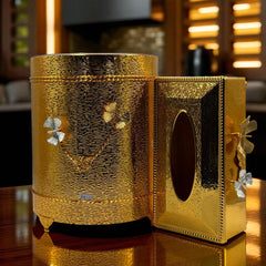 Luxury Textured Tissue Box & Bin Set with Butterfly Accents – Golden Finish