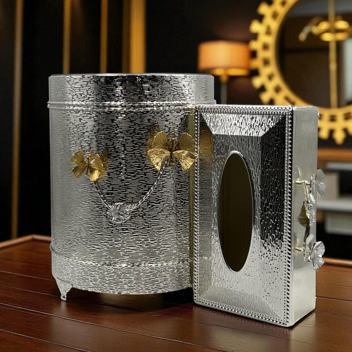 Regal Luxury Silver Textured Tissue Box & Bin Set with Butterfly Accents