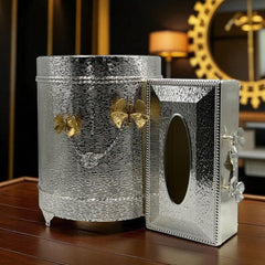 Regal Luxury Silver Textured Tissue Box & Bin Set with Butterfly Accents