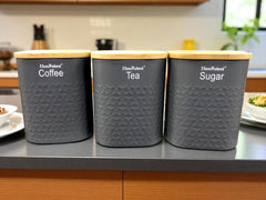 Metallic Canister Trio – Sugar, Tea & Coffee Jar Set with Airtight Bamboo Lids 1000ML (Grey)