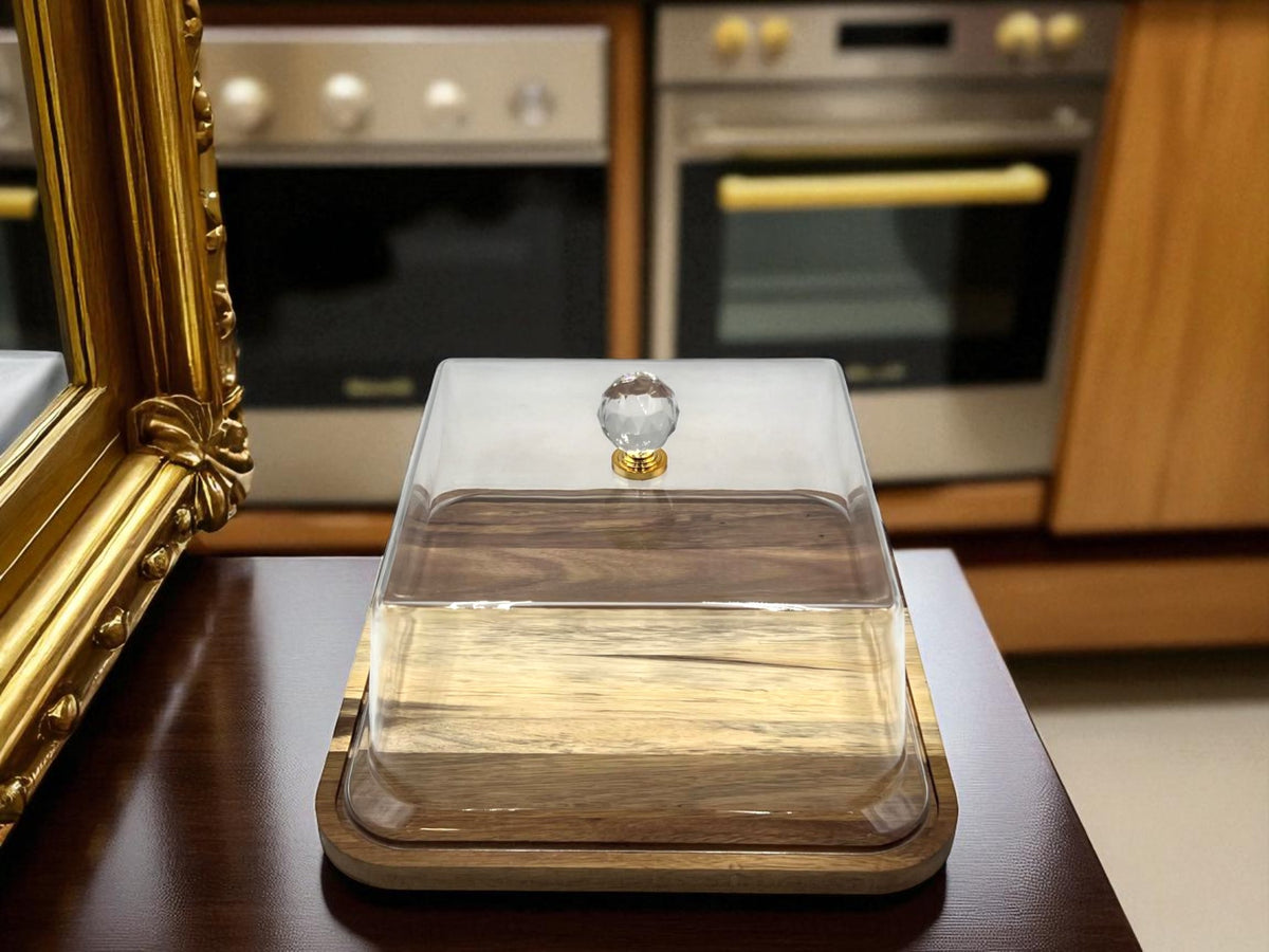Square shaped wooden Cake dish with clear Acrylic lid and crystal Knob (Small)