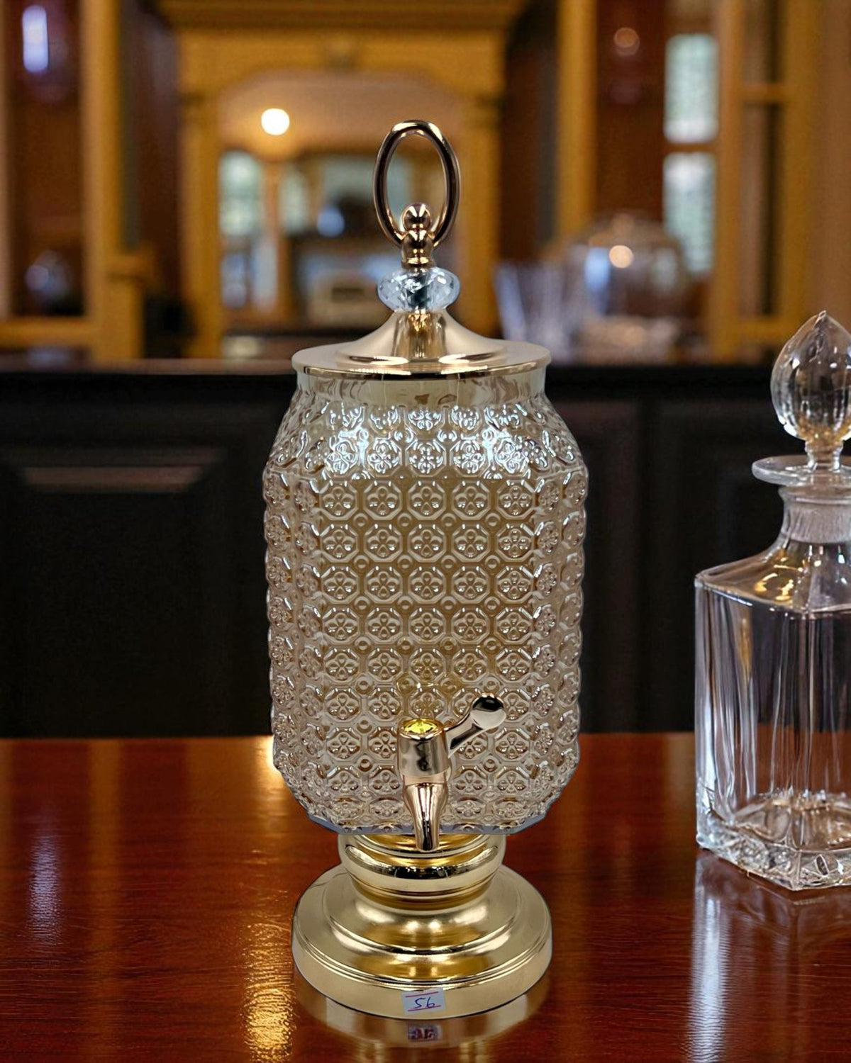 Luxury Glass Beverage Dispenser with faucet - Crystal Gold Floral detaililng (3Ltrs)