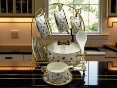 22-Piece Johnson Brothers Inspired Soup Set with Floral Print & Gold Accents – Elegant Porcelain Dinnerware