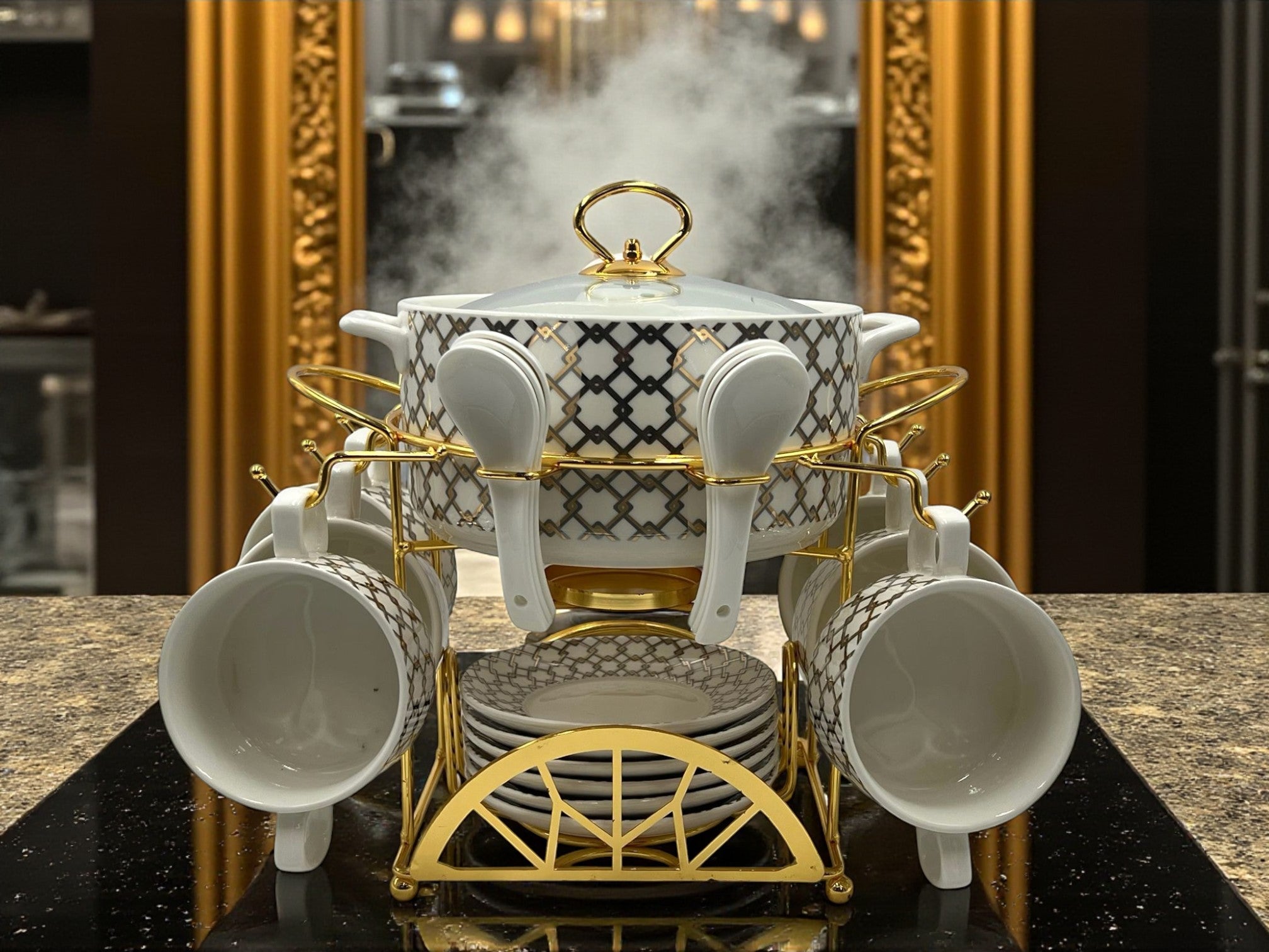 Elegant 22-Piece Soup Set with Golden Rack - Classic & Chic Dining Collection
