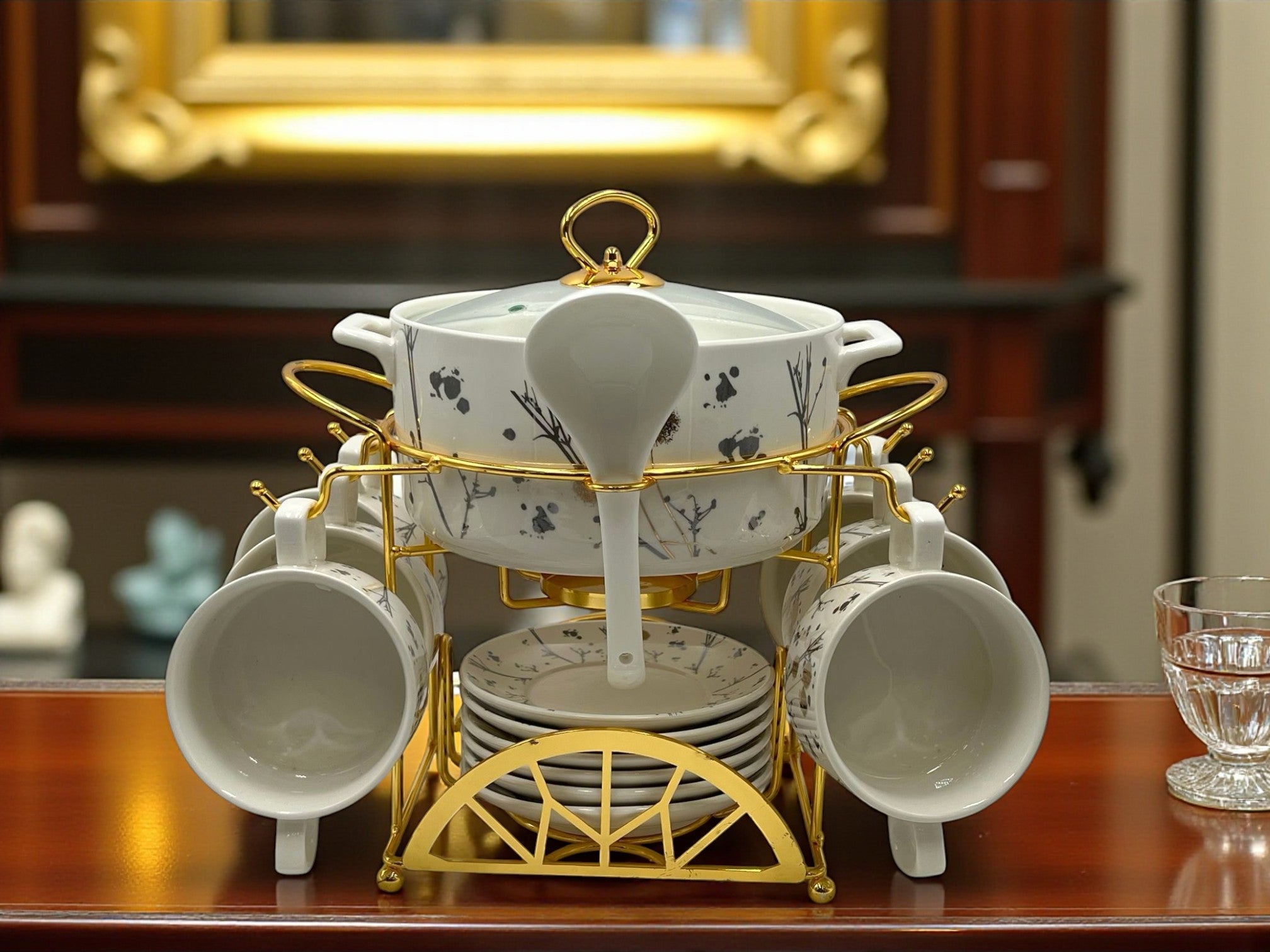 22-Piece Elegant Soup Set with Gold Accents – Porcelain Pot, Cups, Plates & Spoons