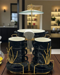 22-Piece Luxury Soup Set with Gold-Plated Stand & Marble Print | Black & Silver