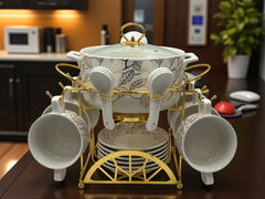 22-Piece Elegant Porcelain Soup Set with Leaf Print & Gold Accents – Stylish Dinnerware Set