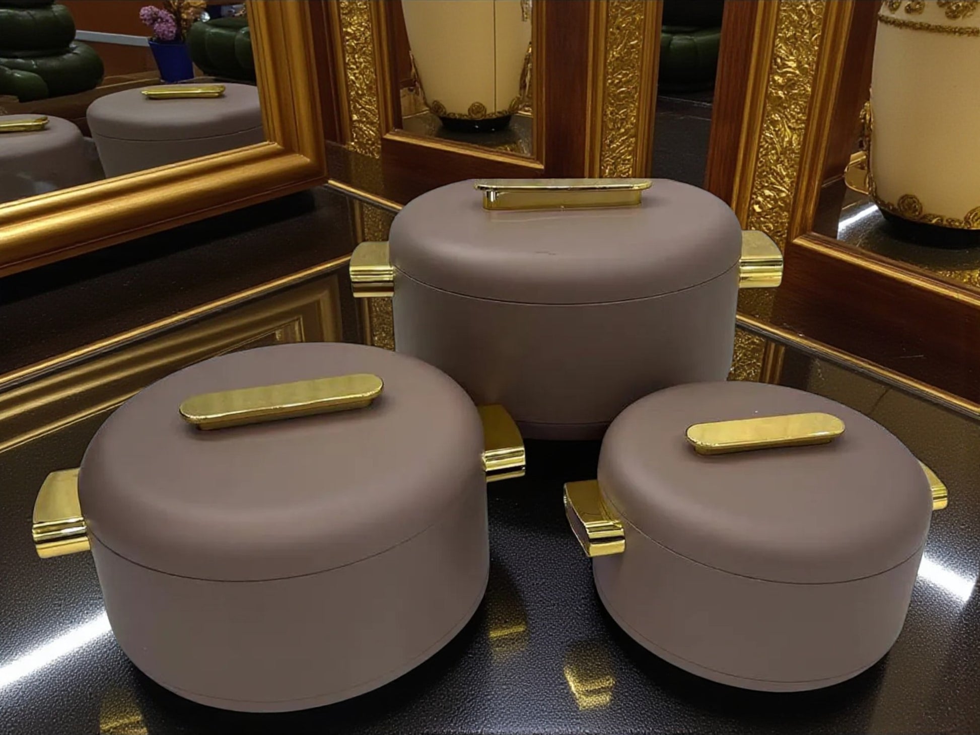 Imported Luxury Collection | Forever Gold 3Pcs Hotpot Set | Keep your food fresh & warm | Coffee Plain Round