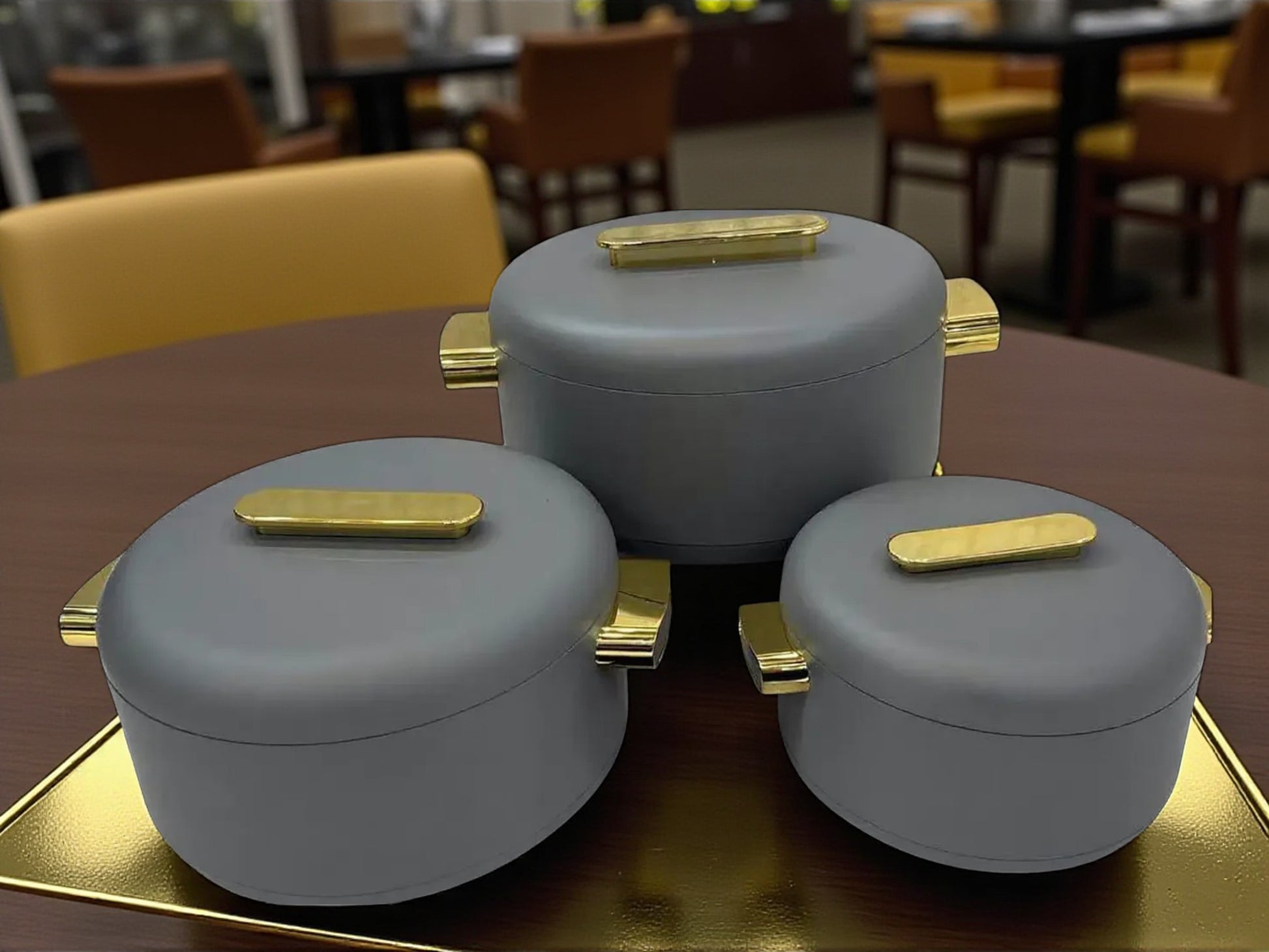 Imported Luxury Collection | Forever Gold 3Pcs Hotpot Set | Keep your food fresh & warm | Grey Plain Round