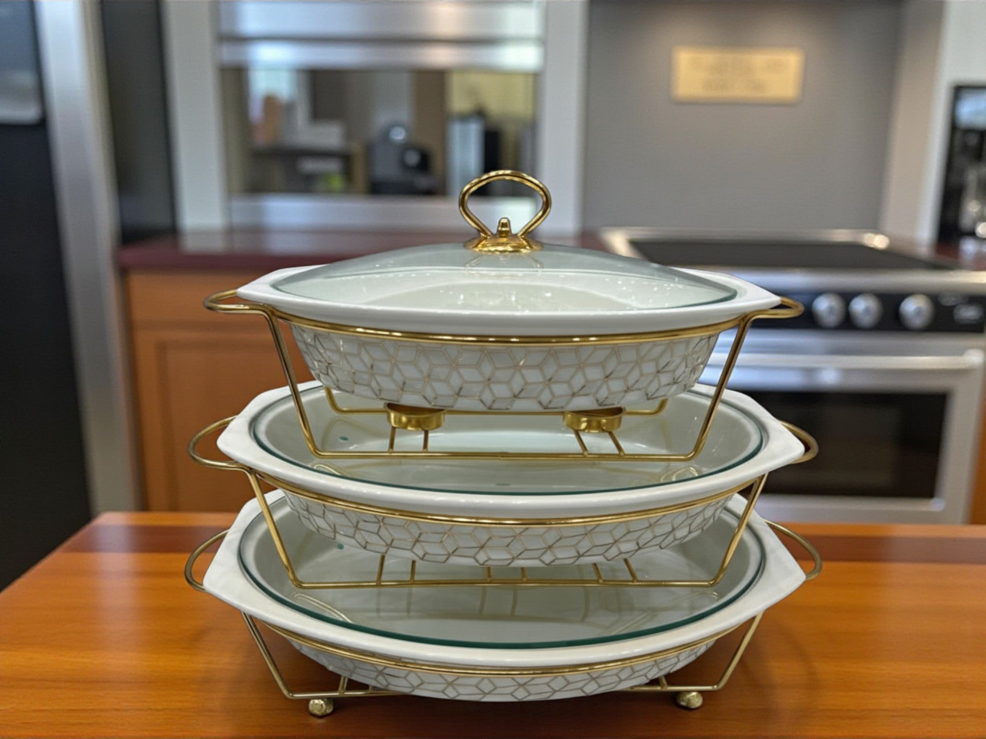 Imported Luxury Oval Serving Dishes (White Textured) with Glass Lid & Side Handles for Easy handling - Three Sizes