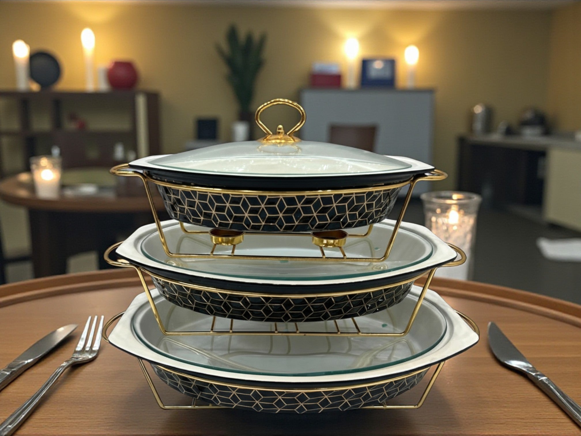 Imported Luxury Oval Serving Dishes (BlackTextured) with Glass Lid & Side Handles for Easy handling - Three Sizes
