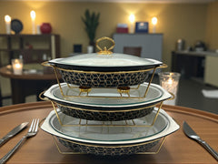 Imported Luxury Oval Serving Dishes (BlackTextured) with Glass Lid & Side Handles for Easy handling - Three Sizes