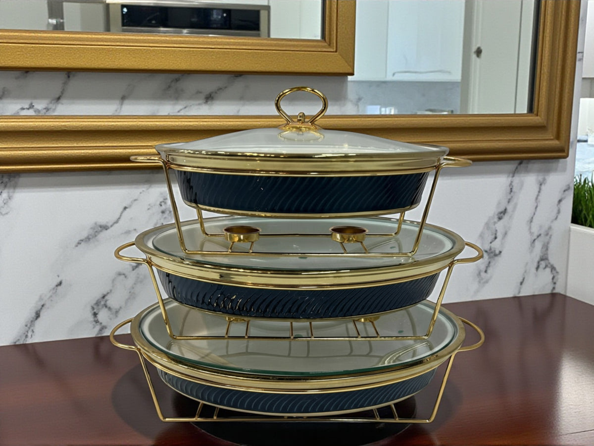 Imported Luxury Oval Porcelain Serving Dish (Navy Blue) with Glass Lid & Side Handles for Easy handling - Three Sizes