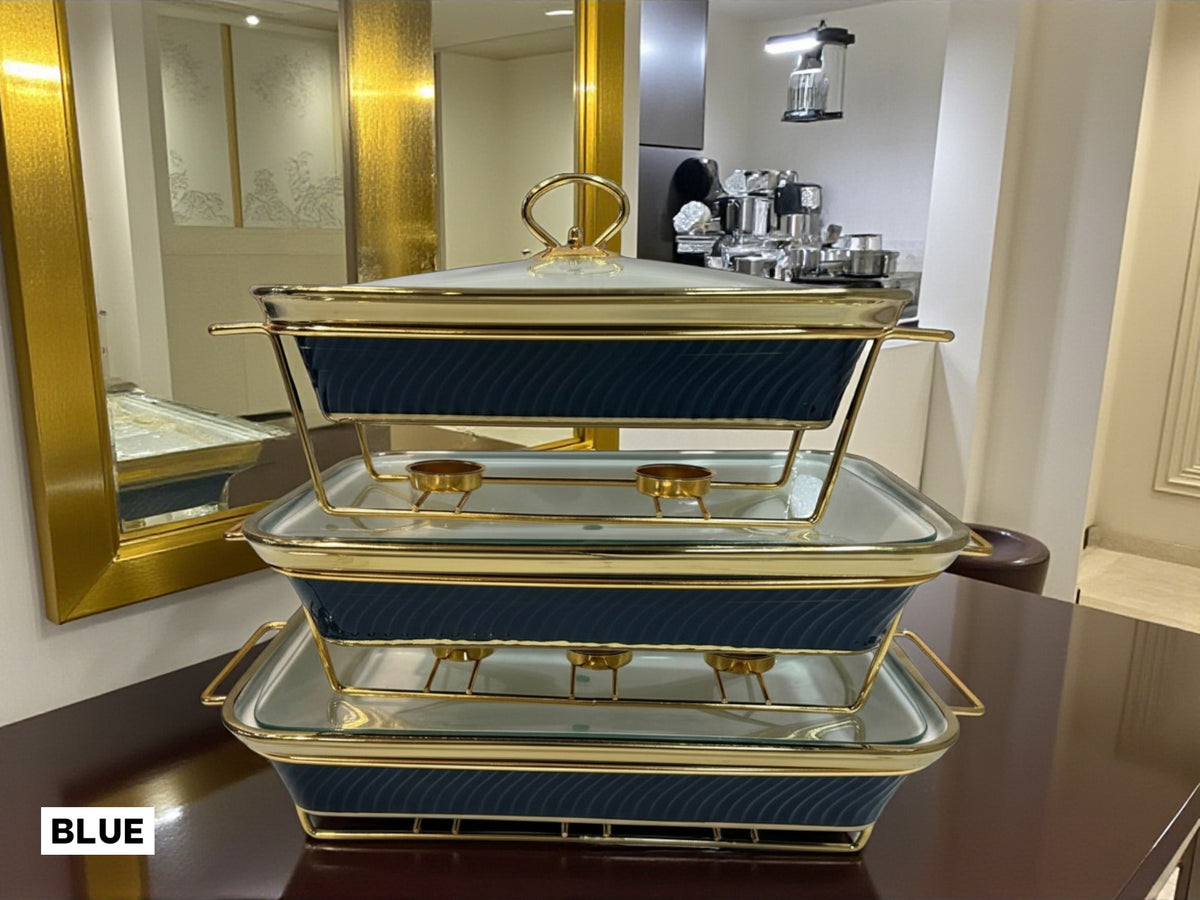 Luxury Imported Rectangular Porcelain Serving Dish (Navy Blue) – Glass Lid & Side Handles for Easy Carry - Three Sizes