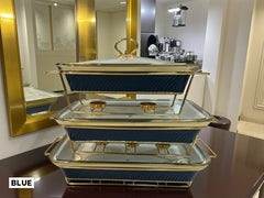 Luxury Imported Rectangular Porcelain Serving Dish (Navy Blue) – Glass Lid & Side Handles for Easy Carry - Three Sizes