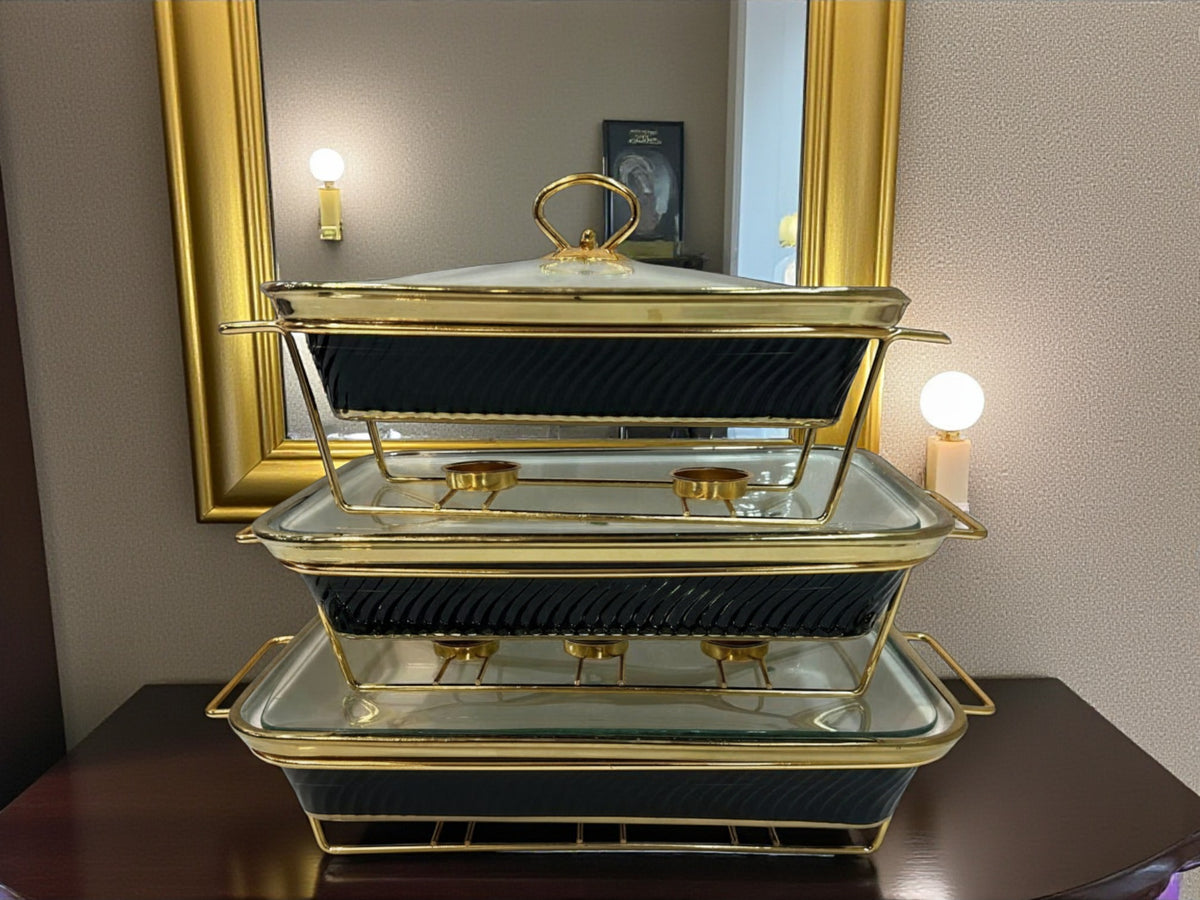 Luxury Imported Rectangular Porcelain Serving Dish (Black) – Glass Lid & Side Handles for Easy Carry - Three Sizes