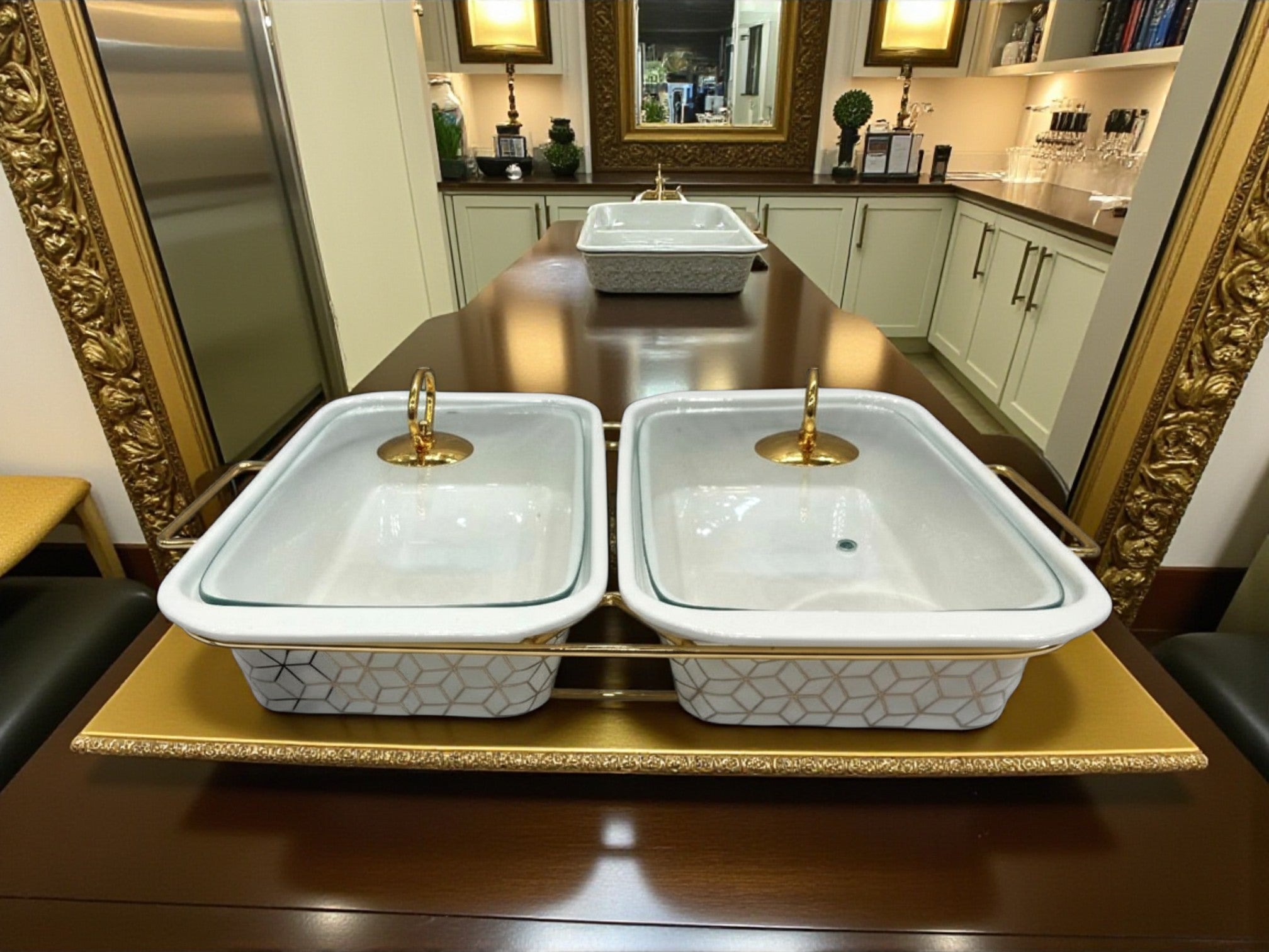 Elegant Twin Rectangular Chafing Dishes (12" each) with handles & Metal Stand – White Textured Buffet Set