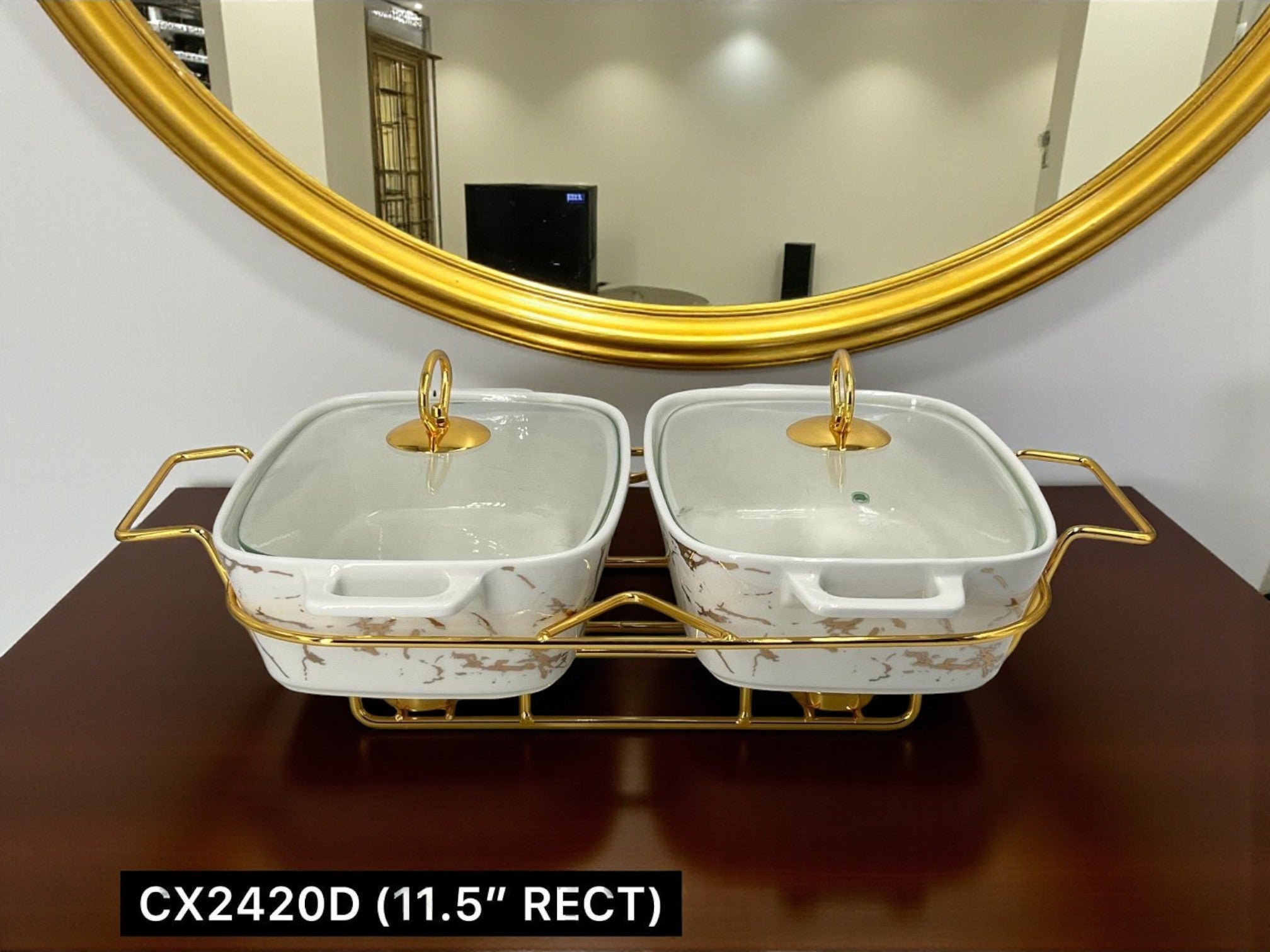 Elegant Twin Rectangular Chafing Dishes (11.5" each) with handles & Metal Stand – White Marble Buffet Set