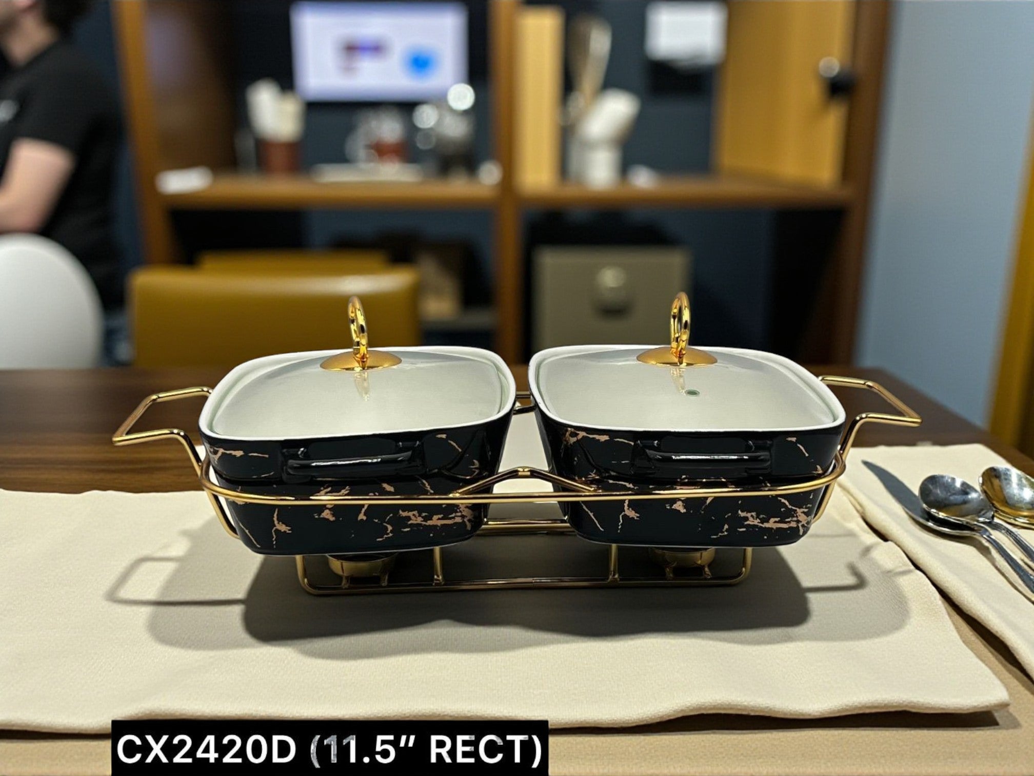 Elegant Twin Rectangular Chafing Dishes (11.5" each) with handles & Metal Stand – Black Marble Buffet Set