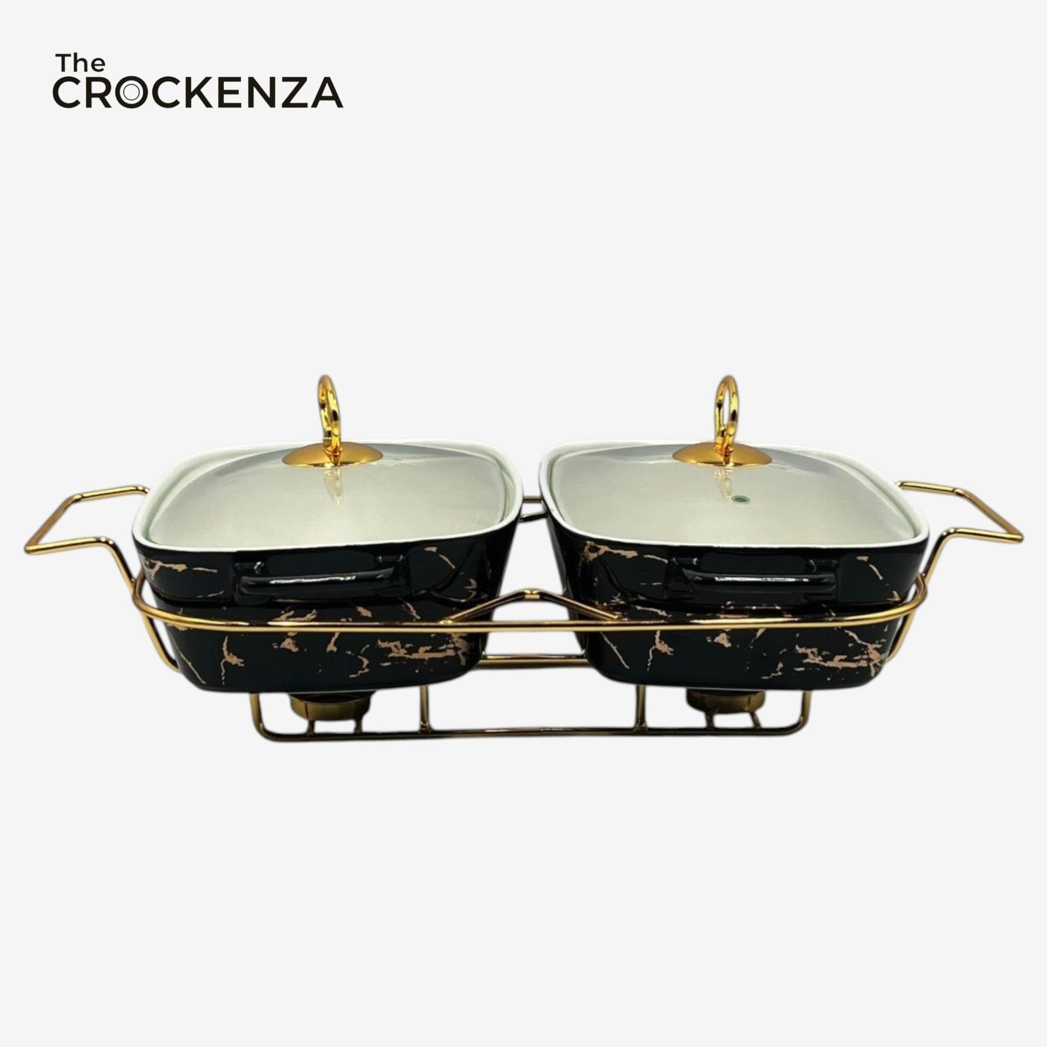 Elegant Twin Rectangular Chafing Dishes (11.5" each) with handles & Metal Stand – Black Marble Buffet Set