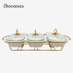 Elegant Triple Chafing Dishes with Handles & Metal Stand – White Textured Buffet Set (9" each)