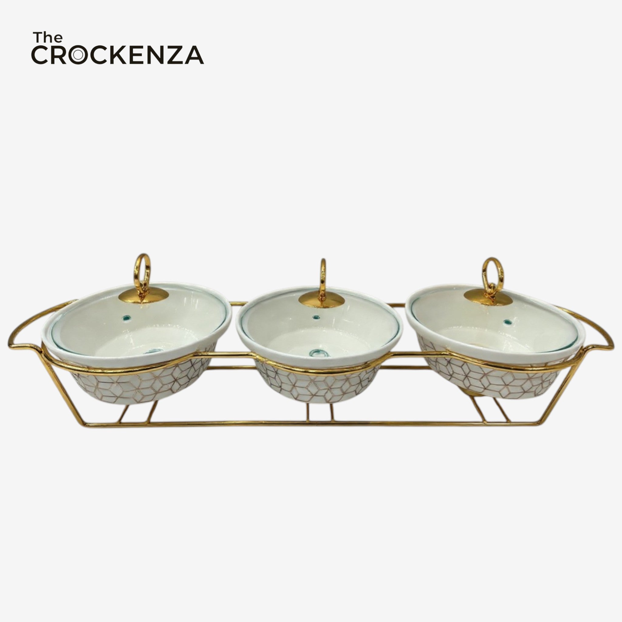 Elegant Triple Oval Chafing Dishes with Handles & Metal Stand – White Textured Buffet Set (9" each)