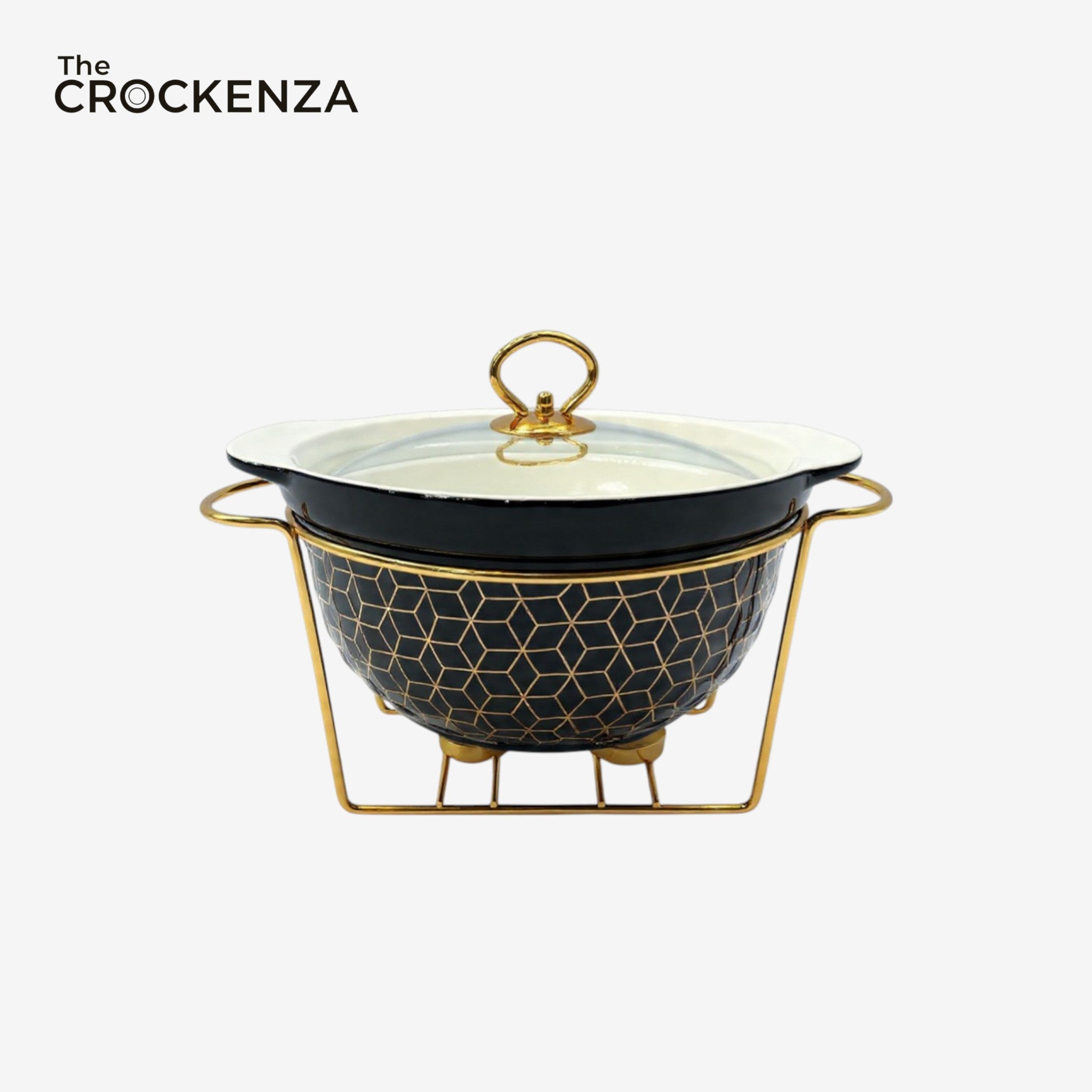 Elegant Geometric Patterned Porcelain Buffet Server – 10.5" Round Food Warmer with Gold-Tone Accents