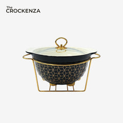 Elegant Geometric Patterned Porcelain Buffet Server – 10.5" Round Food Warmer with Gold-Tone Accents