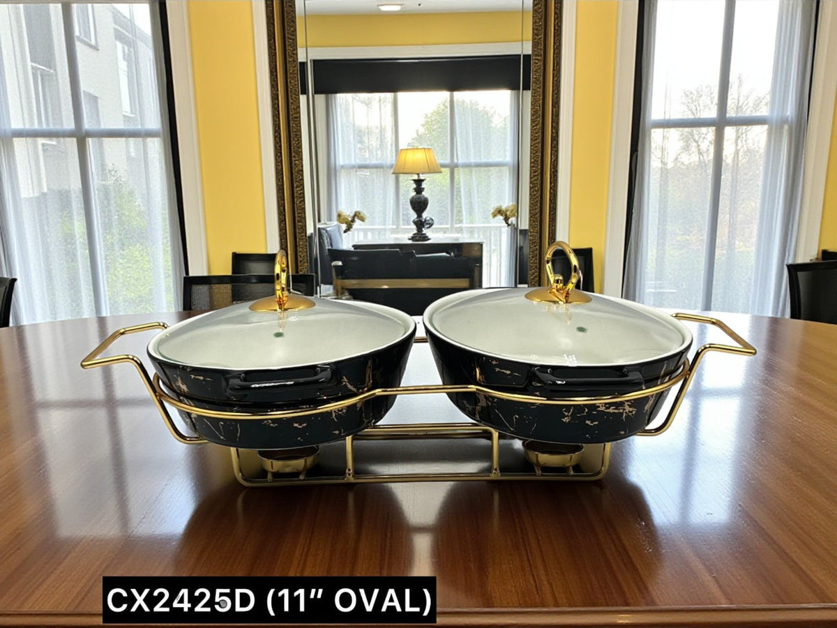Elegant Twin Oval Chafing Dishes (11" each) with handles & Metal Stand – Black Marble Buffet Set