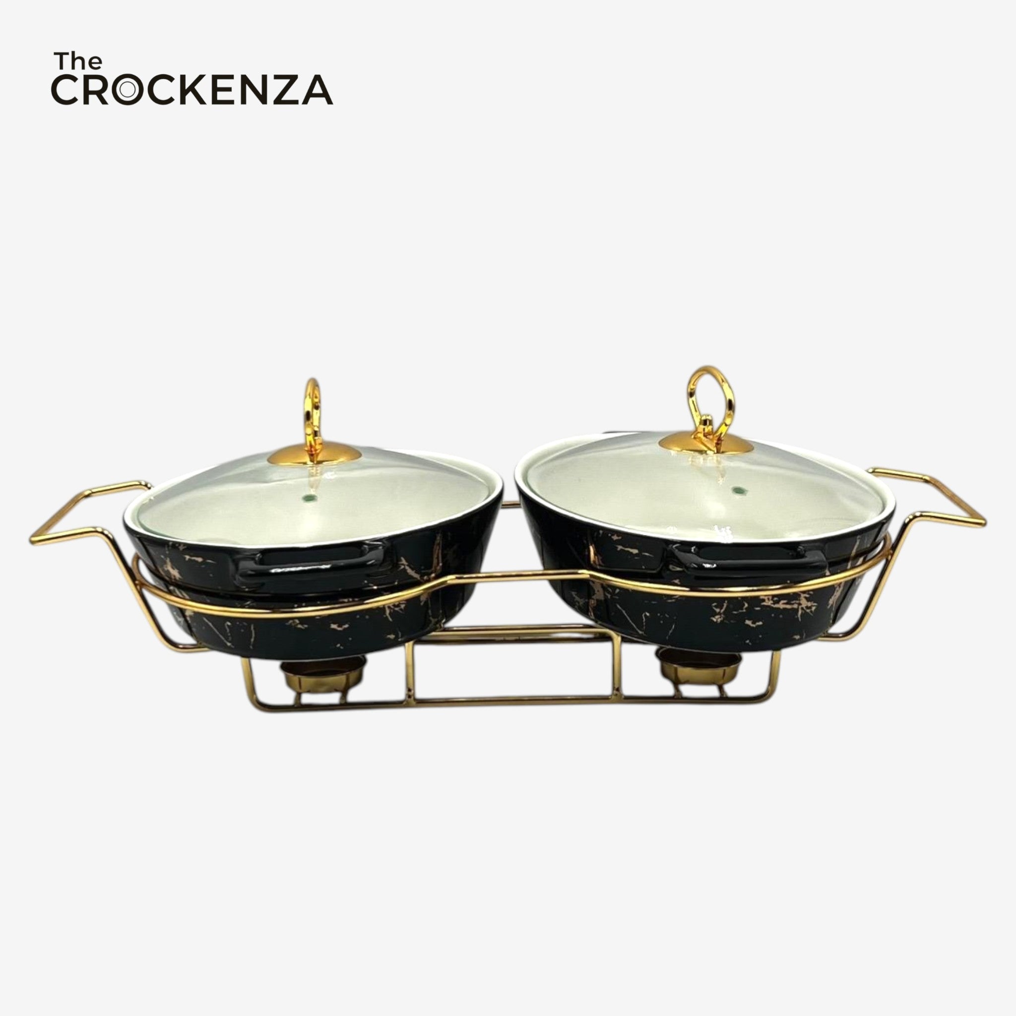Elegant Twin Oval Chafing Dishes (11" each) with handles & Metal Stand – Black Marble Buffet Set