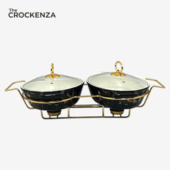 Elegant Twin Oval Chafing Dishes (11" each) with handles & Metal Stand – Black Marble Buffet Set