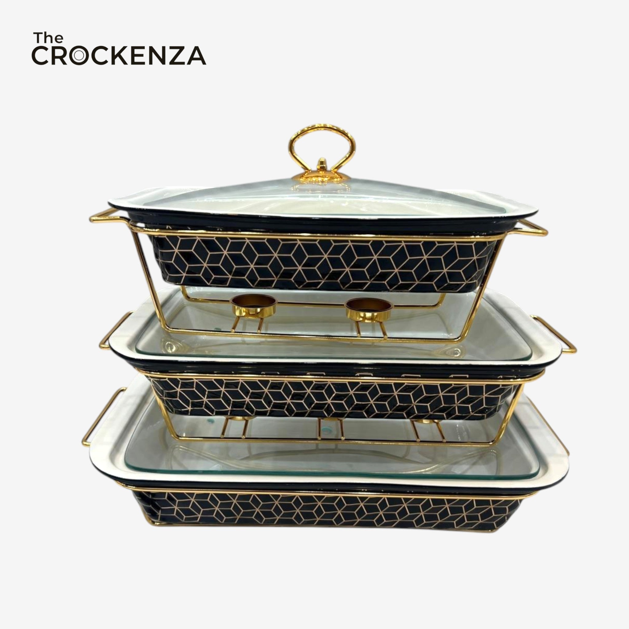 Luxury Imported Rectangular Porcelain Serving Dish (Black Textured) – Glass Lid & Side Handles for Easy Carry - Three Sizes