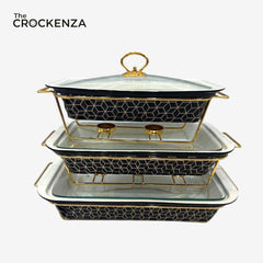 Luxury Imported Rectangular Porcelain Serving Dish (Black Textured) – Glass Lid & Side Handles for Easy Carry - Three Sizes