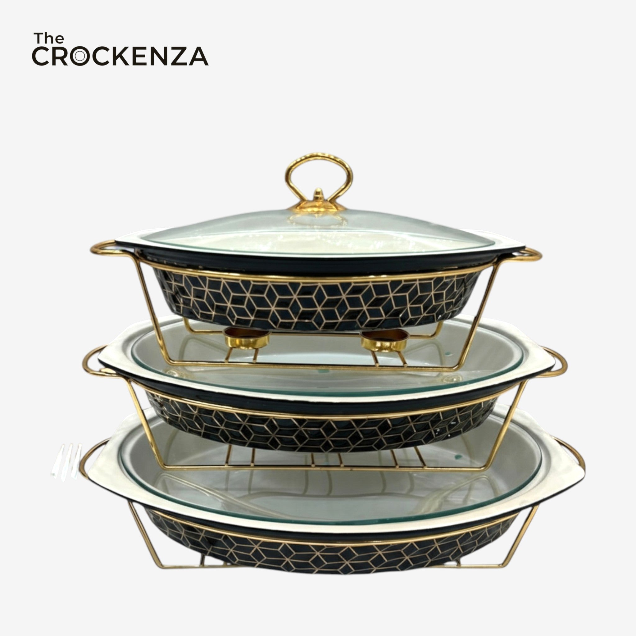 Imported Luxury Oval Serving Dishes (Black Textured) with Glass Lid & Side Handles for Easy handling - Three Sizes