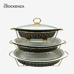Imported Luxury Oval Serving Dishes (Black Textured) with Glass Lid & Side Handles for Easy handling - Three Sizes