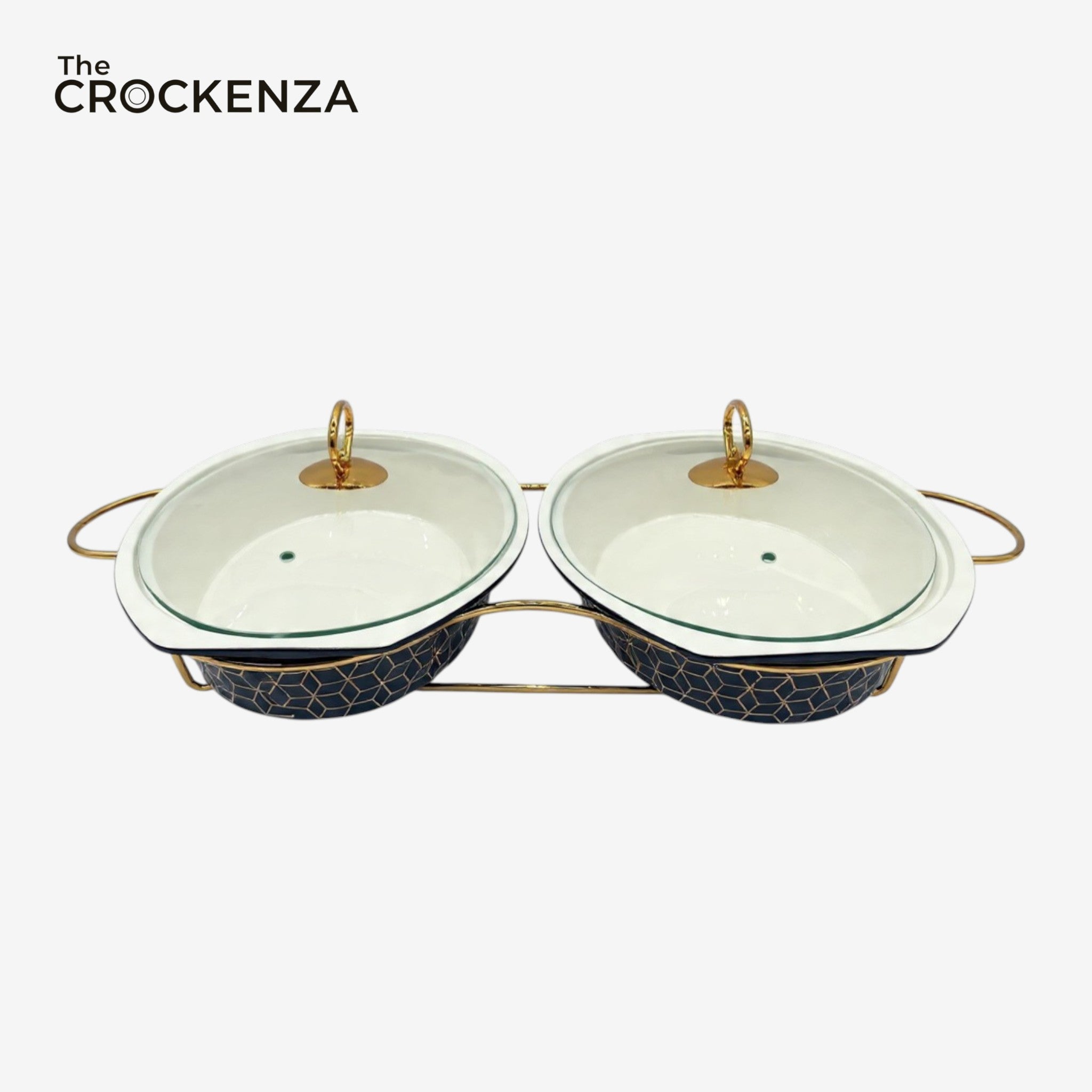 Elegant Twin Oval Chafing Dishes (12.5" each) with handles & Metal Stand – Black Textured Buffet Set