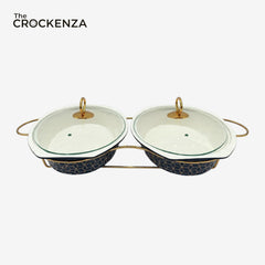 Elegant Twin Oval Chafing Dishes (12.5" each) with handles & Metal Stand – Black Textured Buffet Set