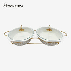Elegant Twin Oval Chafing Dishes (12.5" each) with handles & Metal Stand – White Textured Buffet Set