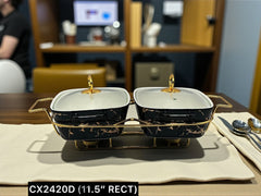 Elegant Twin Rectangular Chafing Dishes (11.5" each) with handles & Metal Stand – Black Marble Buffet Set