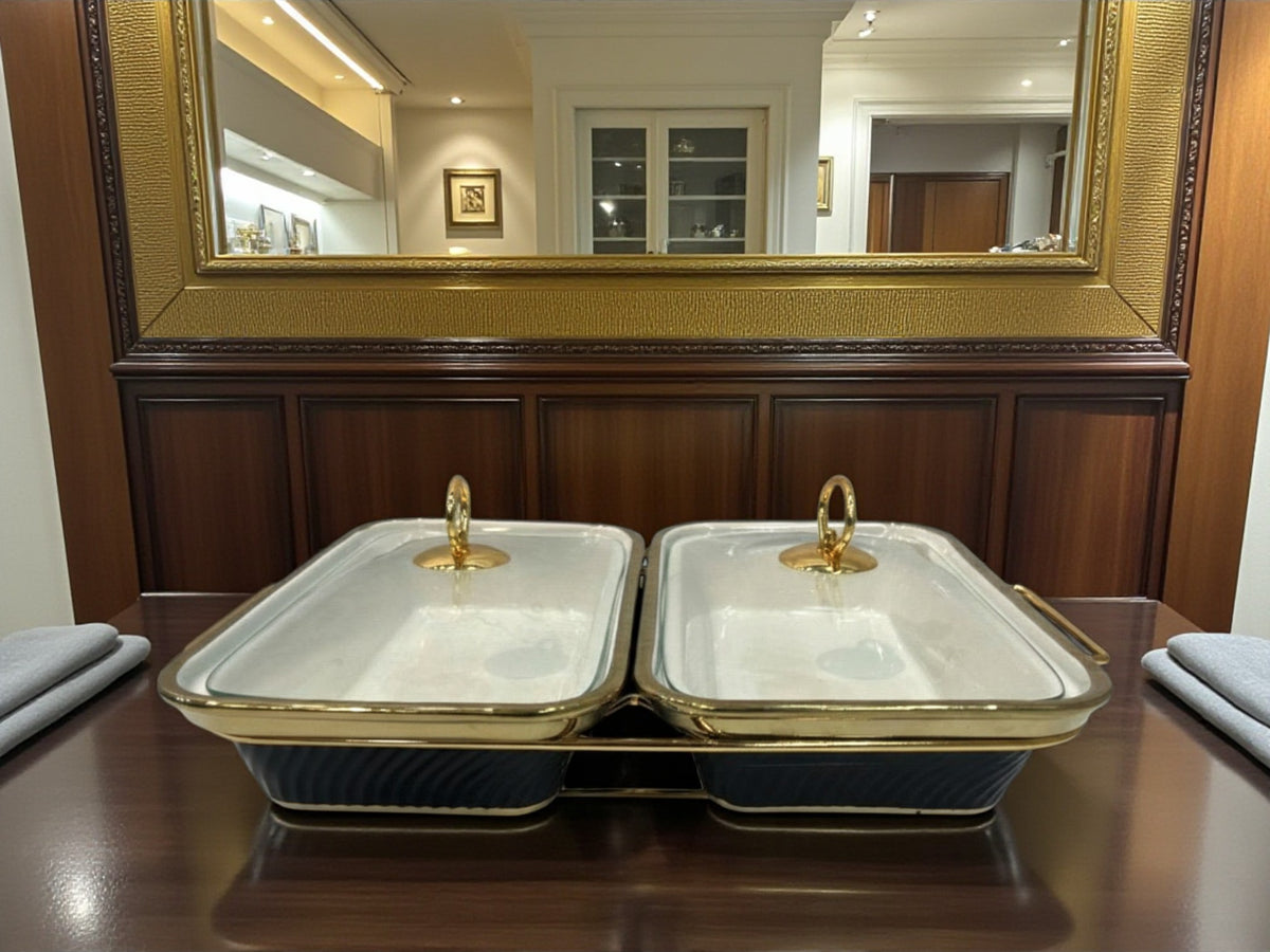 Black Rectangular Twin Chafing Serving Dishes with Handles & Metal Stand – Elegant Buffet Set (12" each)