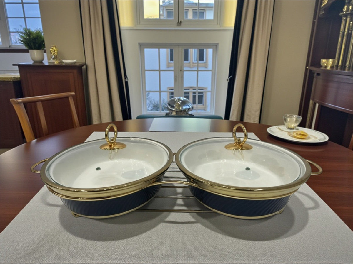 Imported Twin Oval Chafing Dishes - Navy Blue (12" each) with Handles & Metal Stand – Elegant Buffet Set