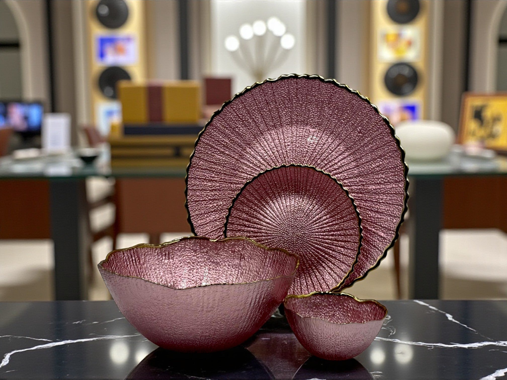 14-Piece Premium Fruit & Cake Set – Blush Rose Pink with Gold Rim Finish